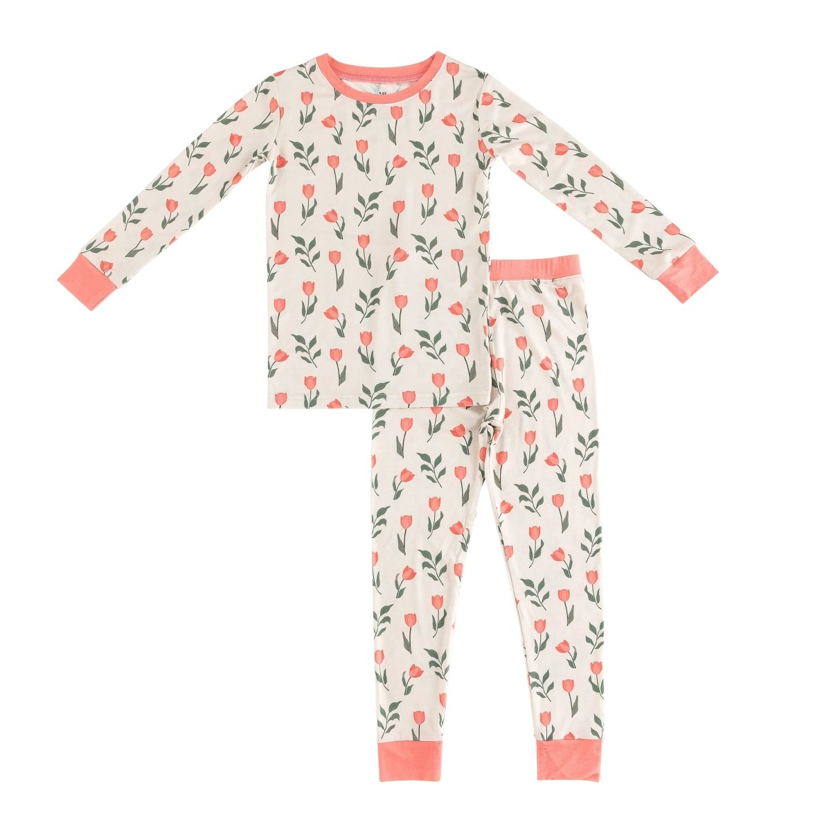 Dreamlet Tulip Print Long Sleeve Pajama Set With Coral Trim Cozy - Everetts Place Boutique - 