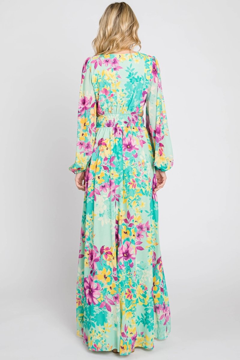 PinkBlush Turquoise Floral Maxi Dress with Puff Sleeves for Elegant Women - 