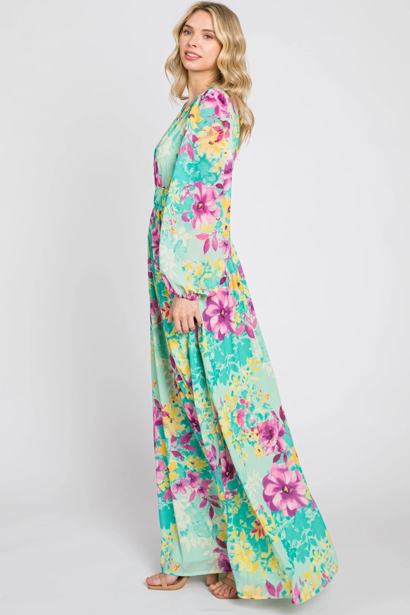 PinkBlush Turquoise Floral Maxi Dress with Puff Sleeves for Elegant Women - 