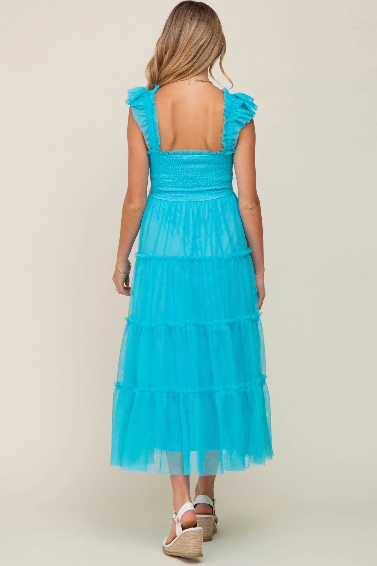 PinkBlush Turquoise Smocked Mesh Ruffle Accent Maternity Midi Dress - 