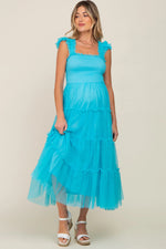 PinkBlush Turquoise Smocked Mesh Ruffle Accent Maternity Midi Dress - 
