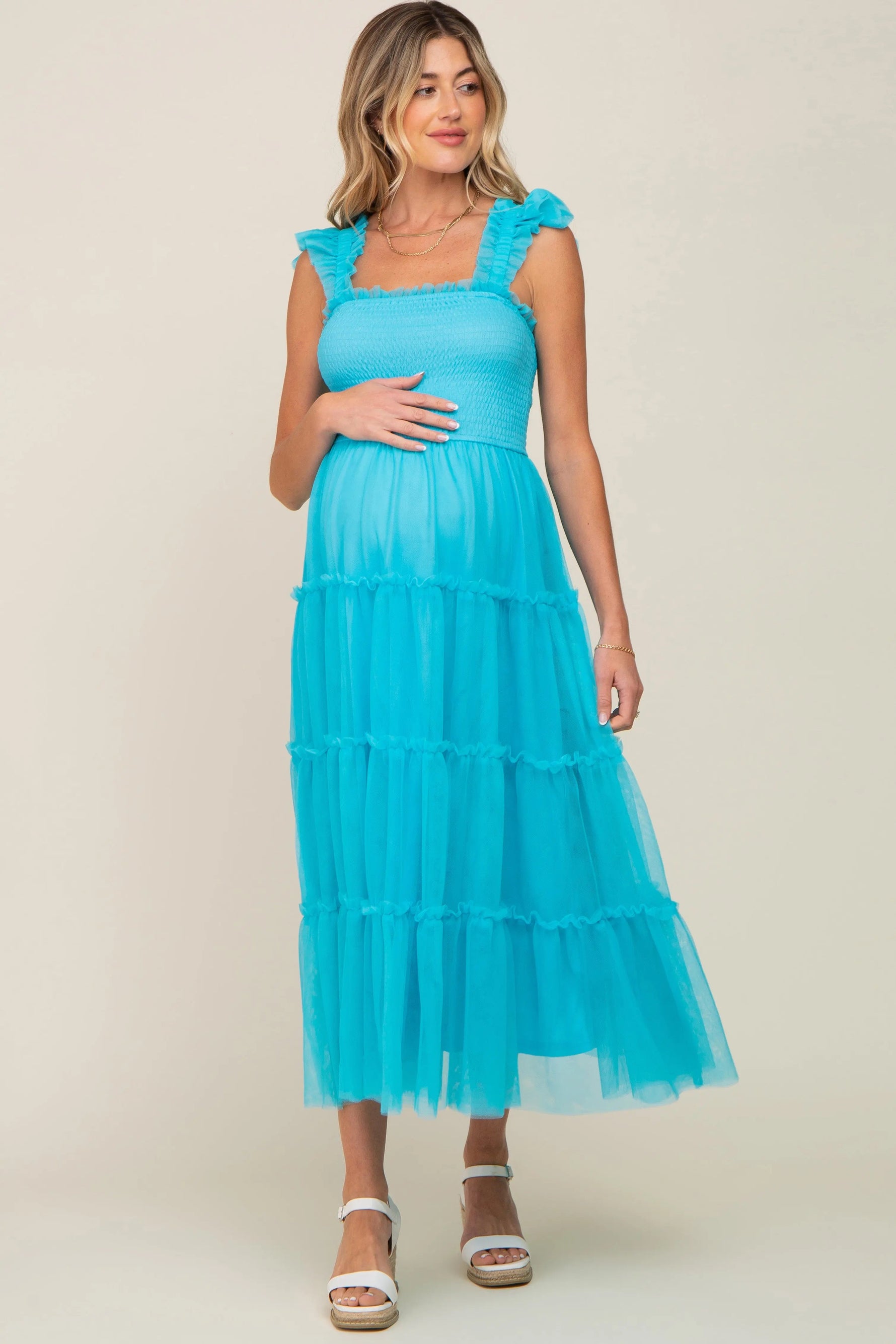PinkBlush Turquoise Smocked Mesh Ruffle Accent Maternity Midi Dress - 