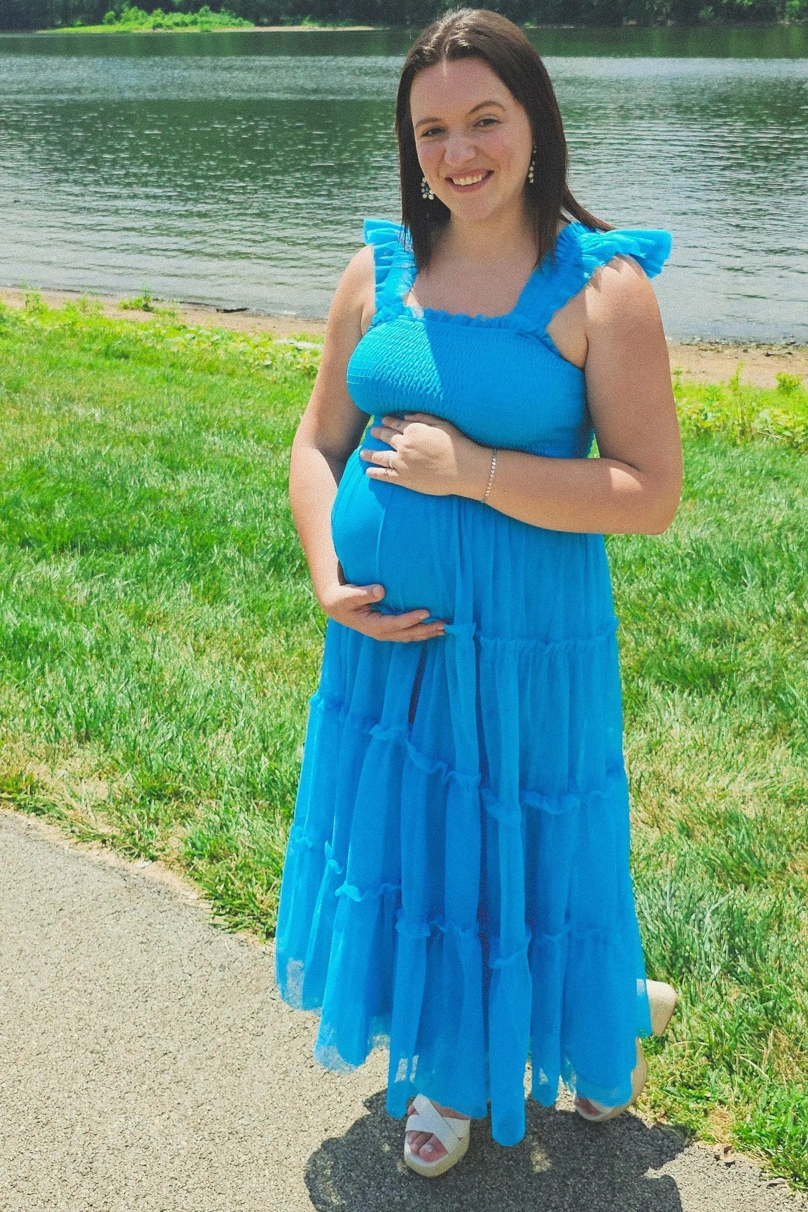 PinkBlush Turquoise Smocked Mesh Ruffle Accent Maternity Midi Dress - 
