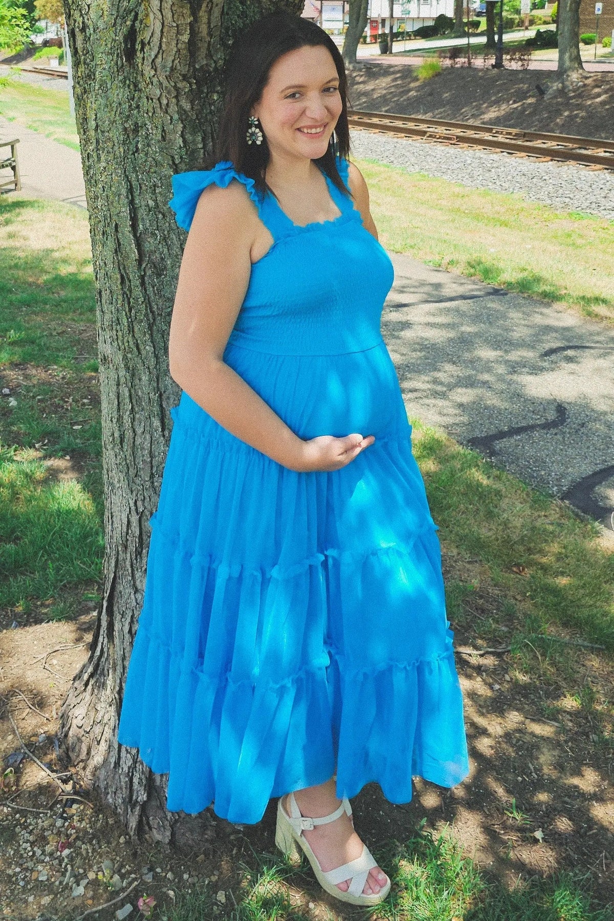 PinkBlush Turquoise Smocked Mesh Ruffle Accent Maternity Midi Dress - 