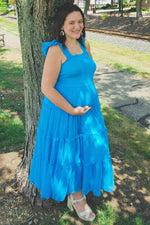 PinkBlush Turquoise Smocked Mesh Ruffle Accent Maternity Midi Dress - 