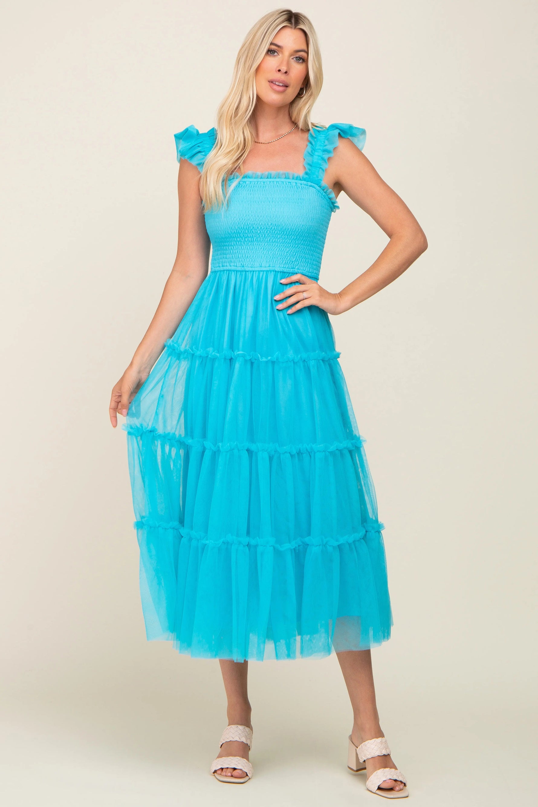 PinkBlush Turquoise Smocked Mesh Ruffle Accent Midi Dress - 