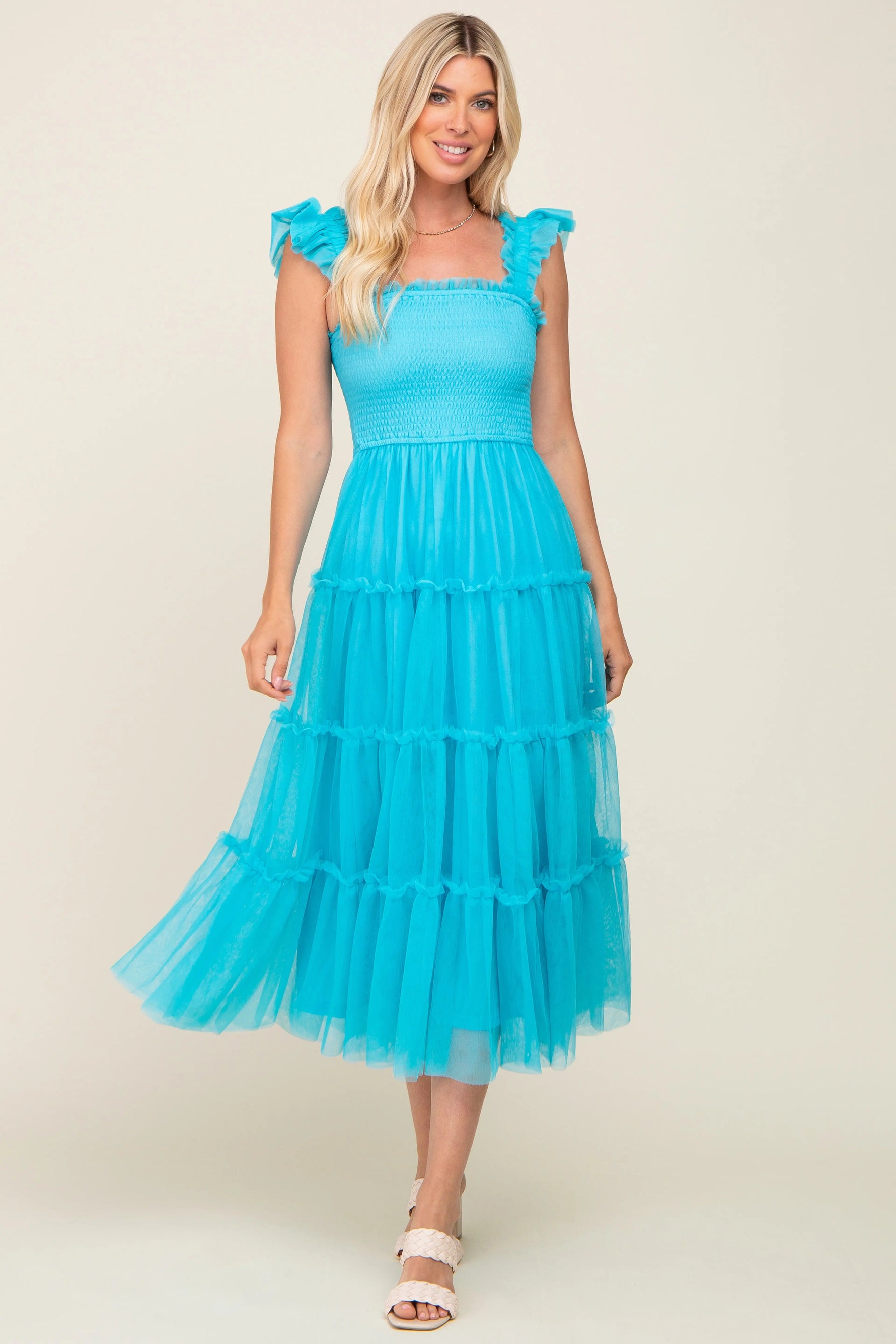 PinkBlush Turquoise Smocked Mesh Ruffle Accent Midi Dress - 