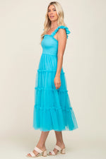 PinkBlush Turquoise Smocked Mesh Ruffle Accent Midi Dress - 