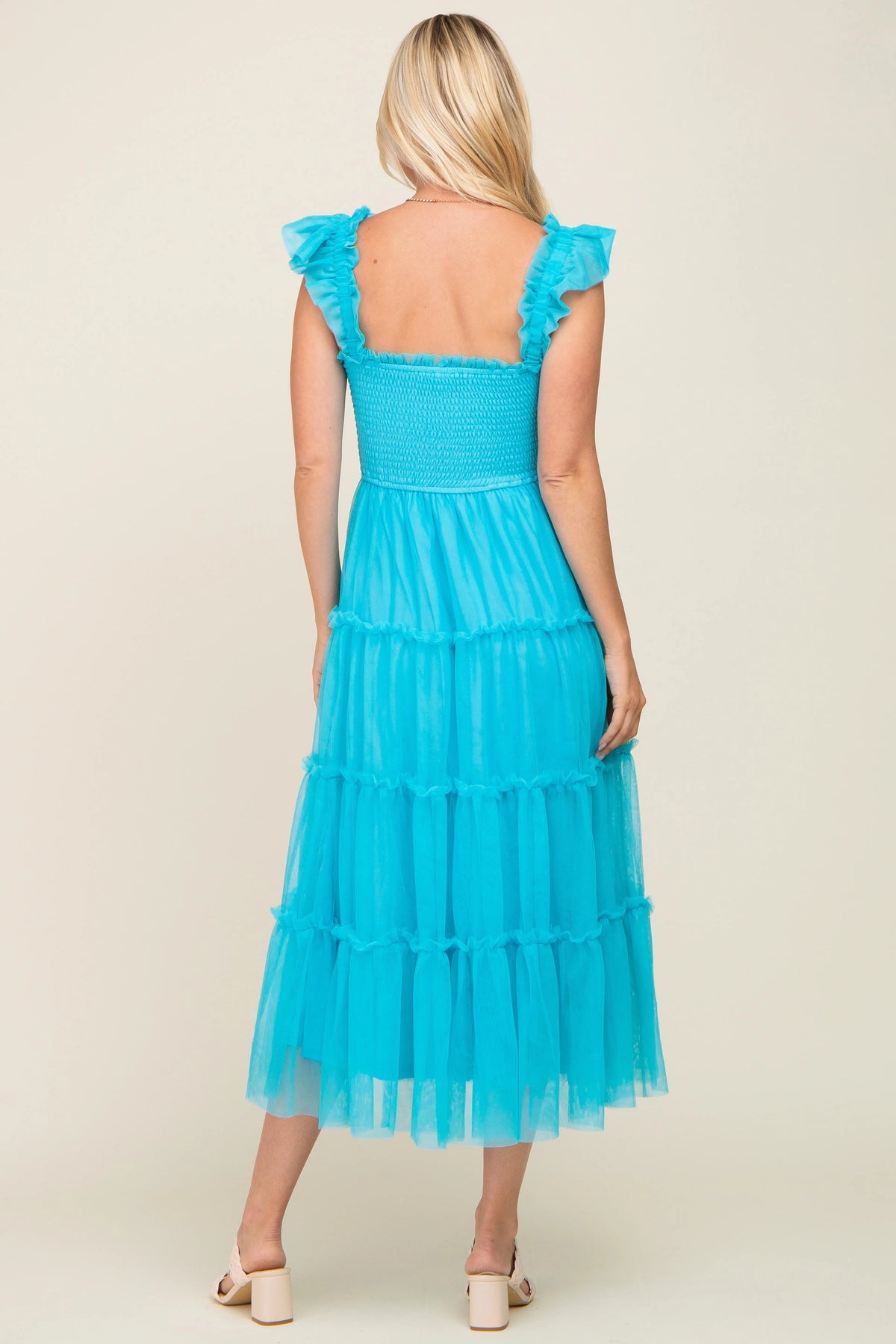 PinkBlush Turquoise Smocked Mesh Ruffle Accent Midi Dress - 