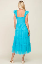 PinkBlush Turquoise Smocked Mesh Ruffle Accent Midi Dress - 