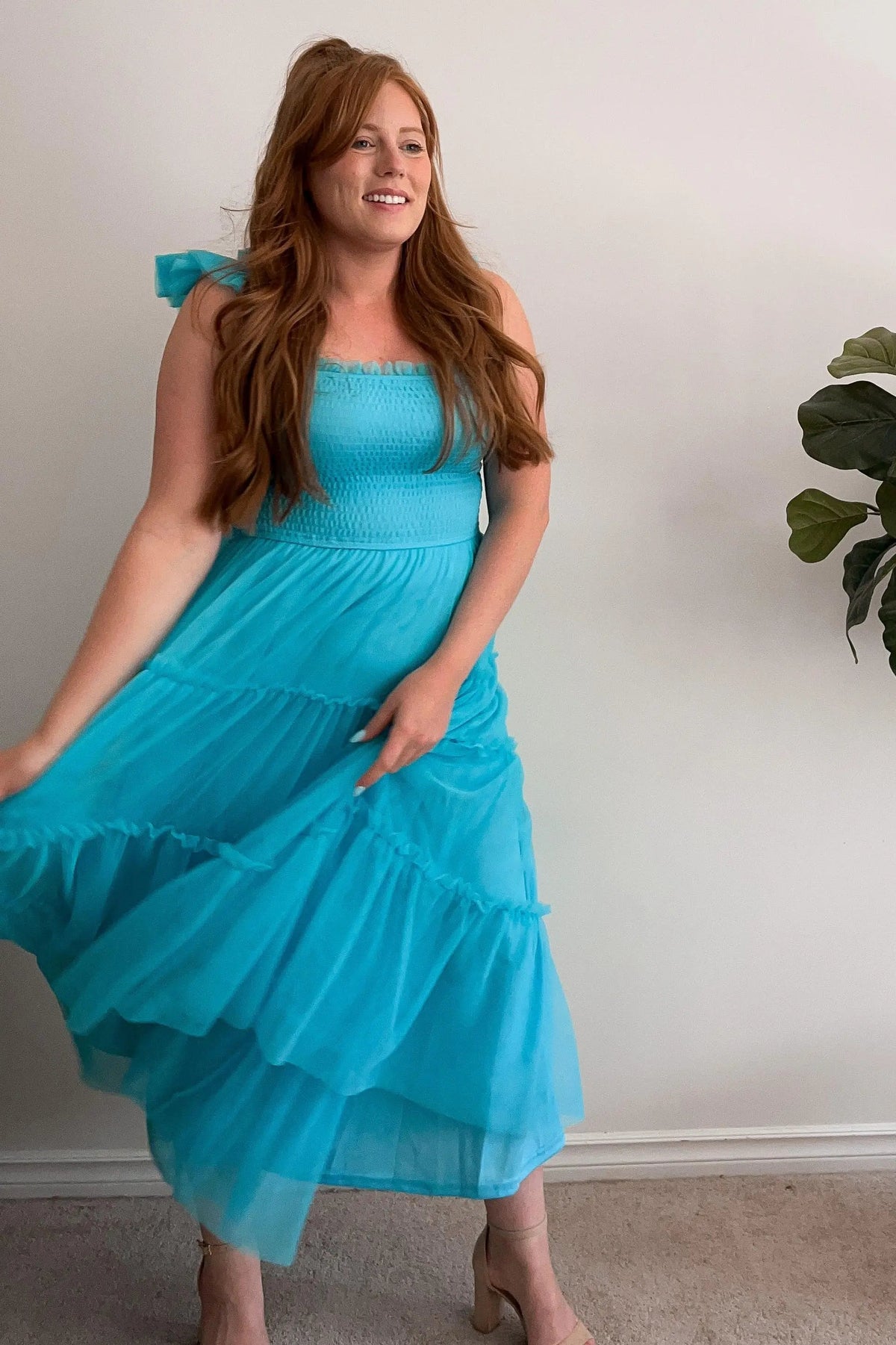 PinkBlush Turquoise Smocked Mesh Ruffle Accent Midi Dress - 