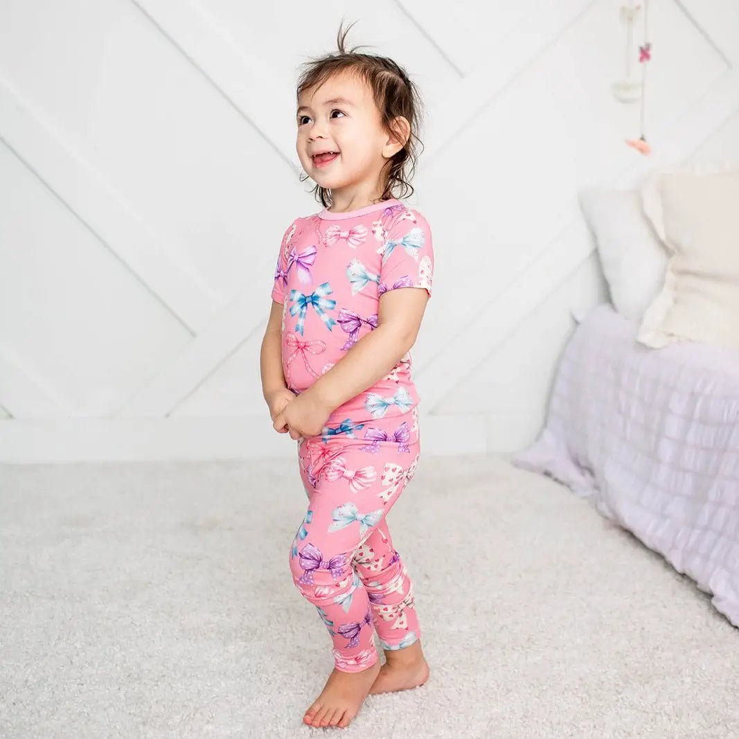 Bestaroo Twinkle Ties Bow Print Short Sleeve Pajamas Bamboo Fabric for Kids - 