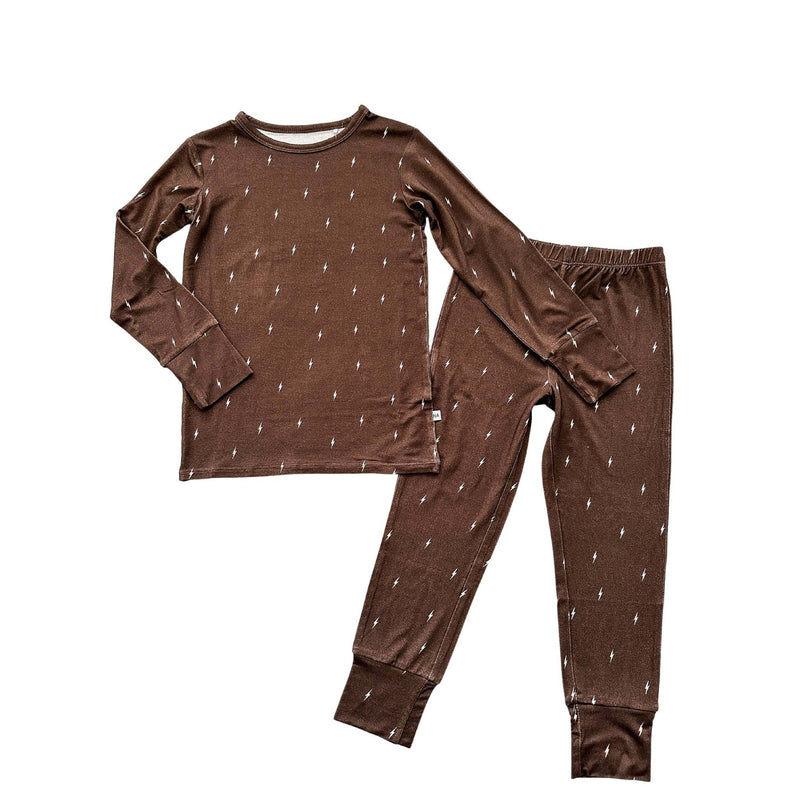 Brown Lightning Two-Piece Pajama Set for Kids, Bamboo Blend, Eco-Friendly, Comfortable Fit.
