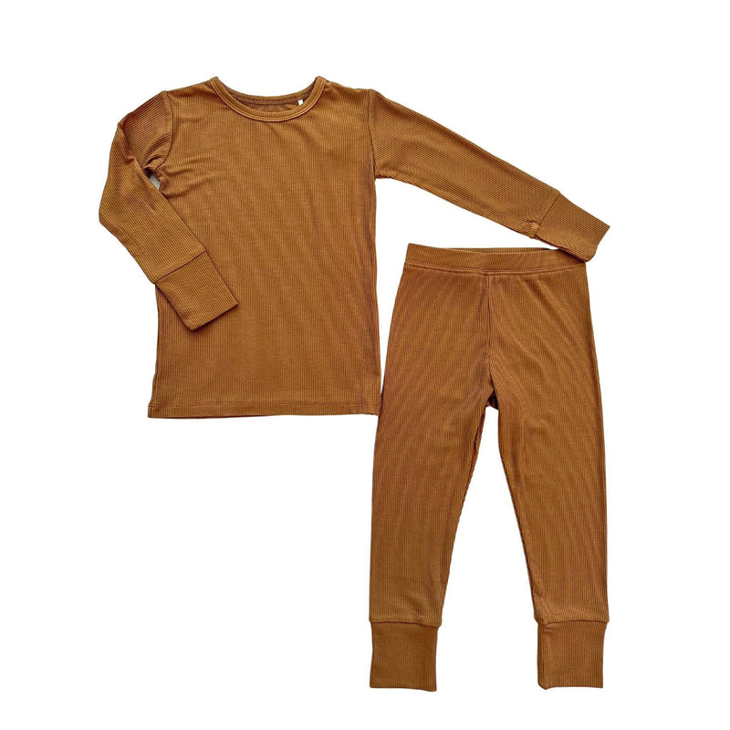 Soft Caramel Ribbed Two-Piece Pajama Set for Kids in Bamboo Fabric
