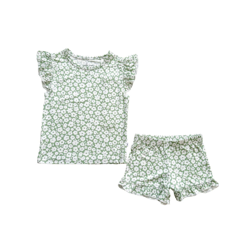 Two-piece short set with sage ditsy floral print and ruffle details.