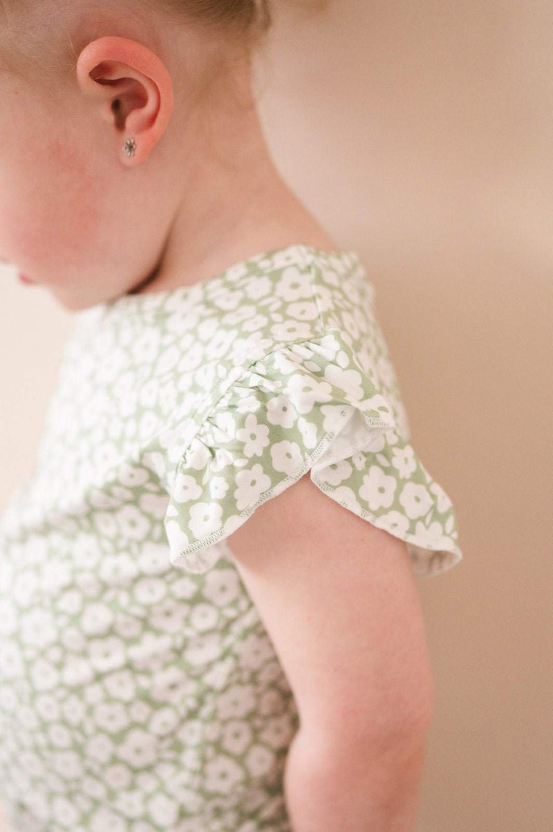 Sage ditsy floral two-piece short set with ruffle details.