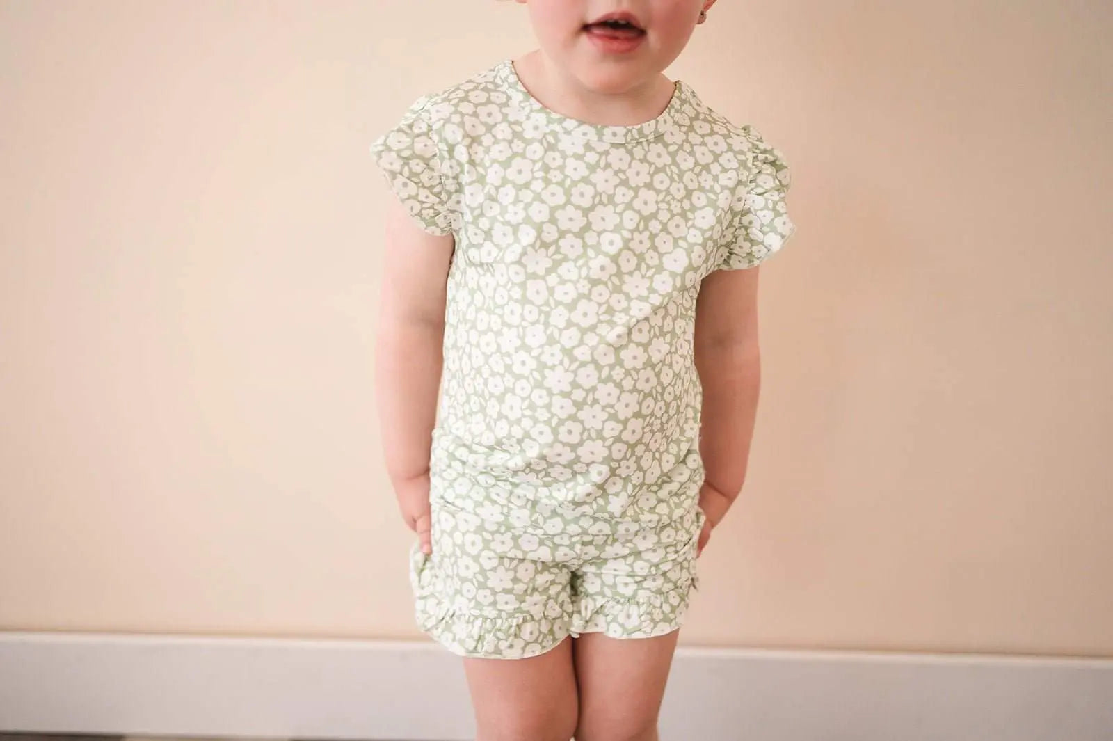 Two Piece Short Set Sage Ditsy Floral Print Ruffle Details Harp Angel Boutique