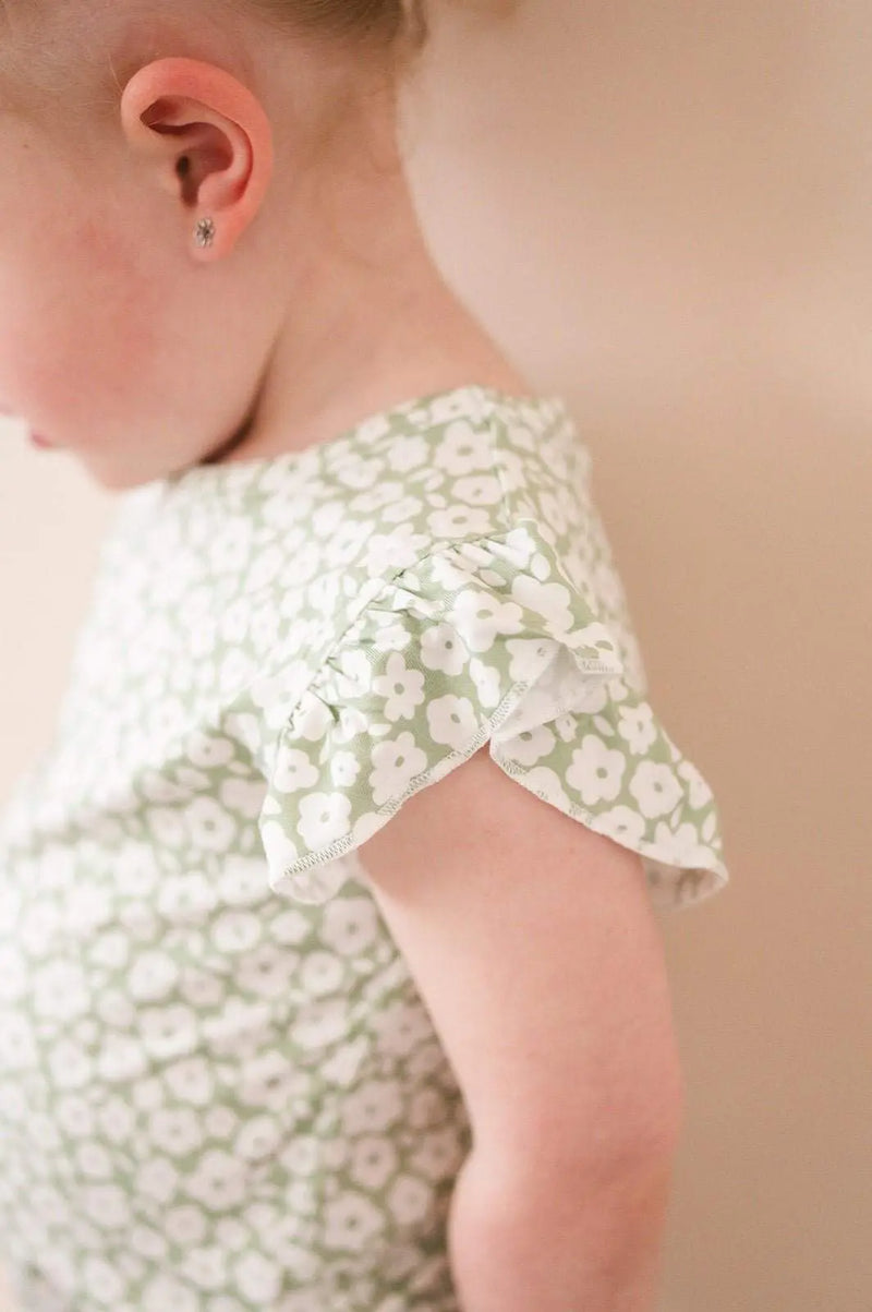 Two Piece Short Set Sage Ditsy Floral Print Ruffle Details Harp Angel Boutique
