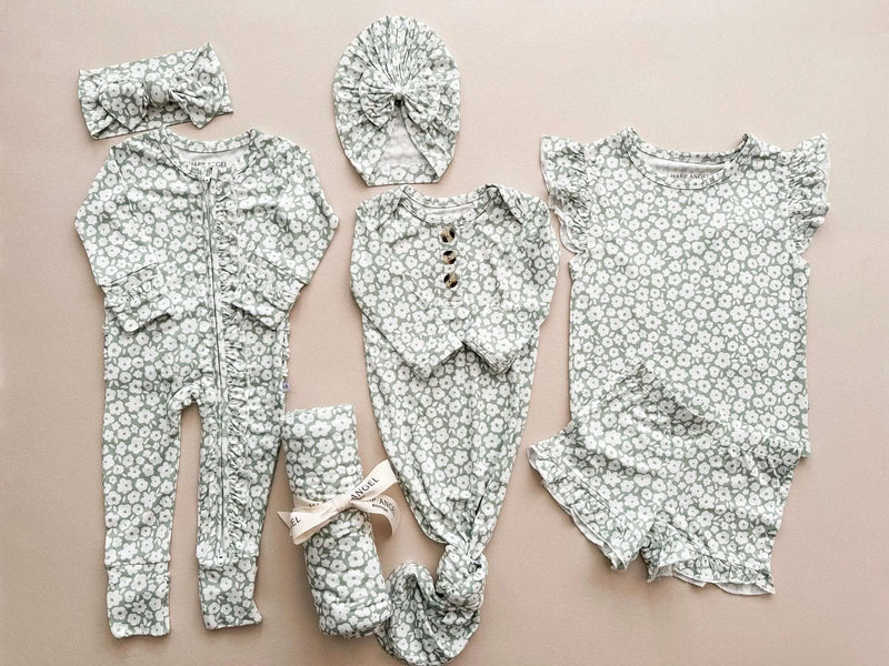 Two Piece Short Set Sage Ditsy Floral Print Ruffle Details Harp Angel Boutique