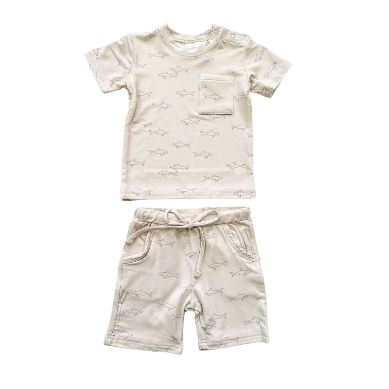Two-piece shark design short set with pocket shirt and shorts made from soft bamboo fabric.