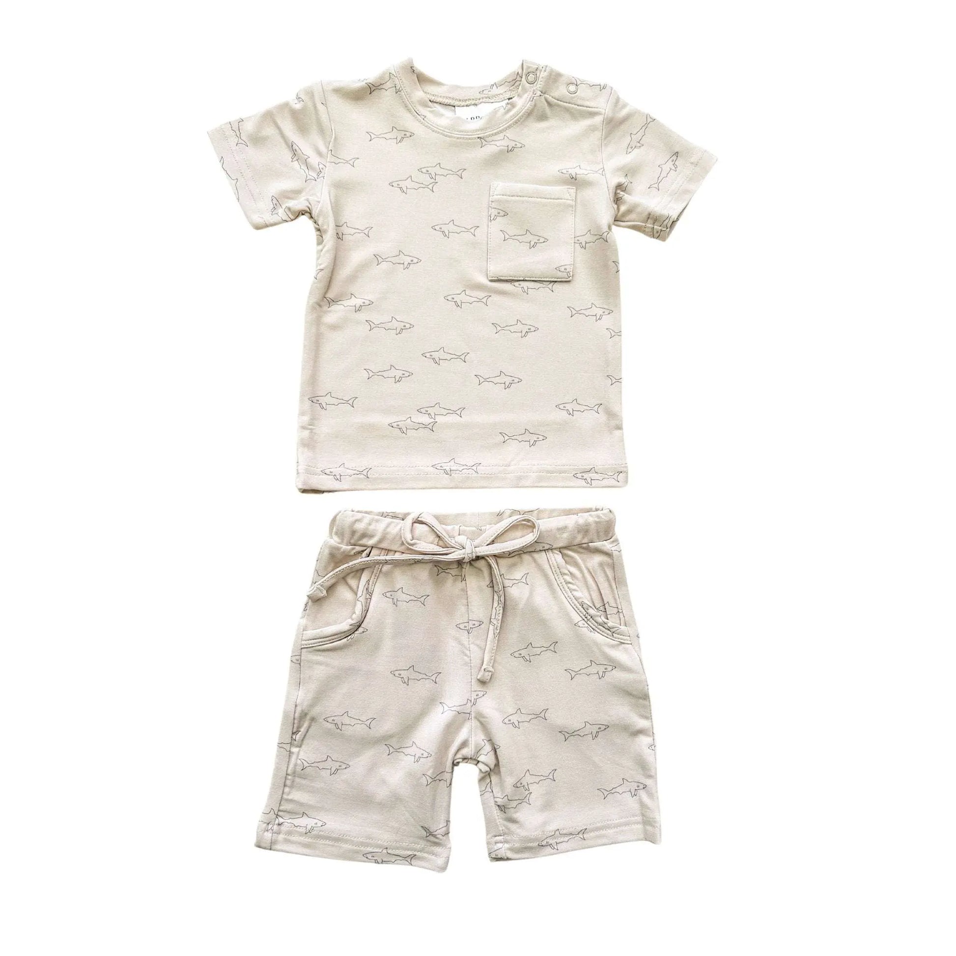 Two Piece Shark Bamboo Short Set with Pockets and Drawstring Harp Angel Boutique