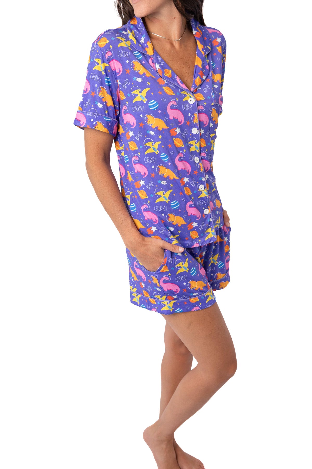 Women’s Purple Space Dinosaur Bamboo Mommy & Me Pajamas by Rayn’s Tiny Stitches