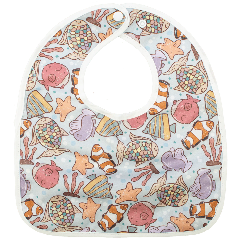Under Waves - The Flip Bib with ocean-themed design, features a pocket and water-resistant material.