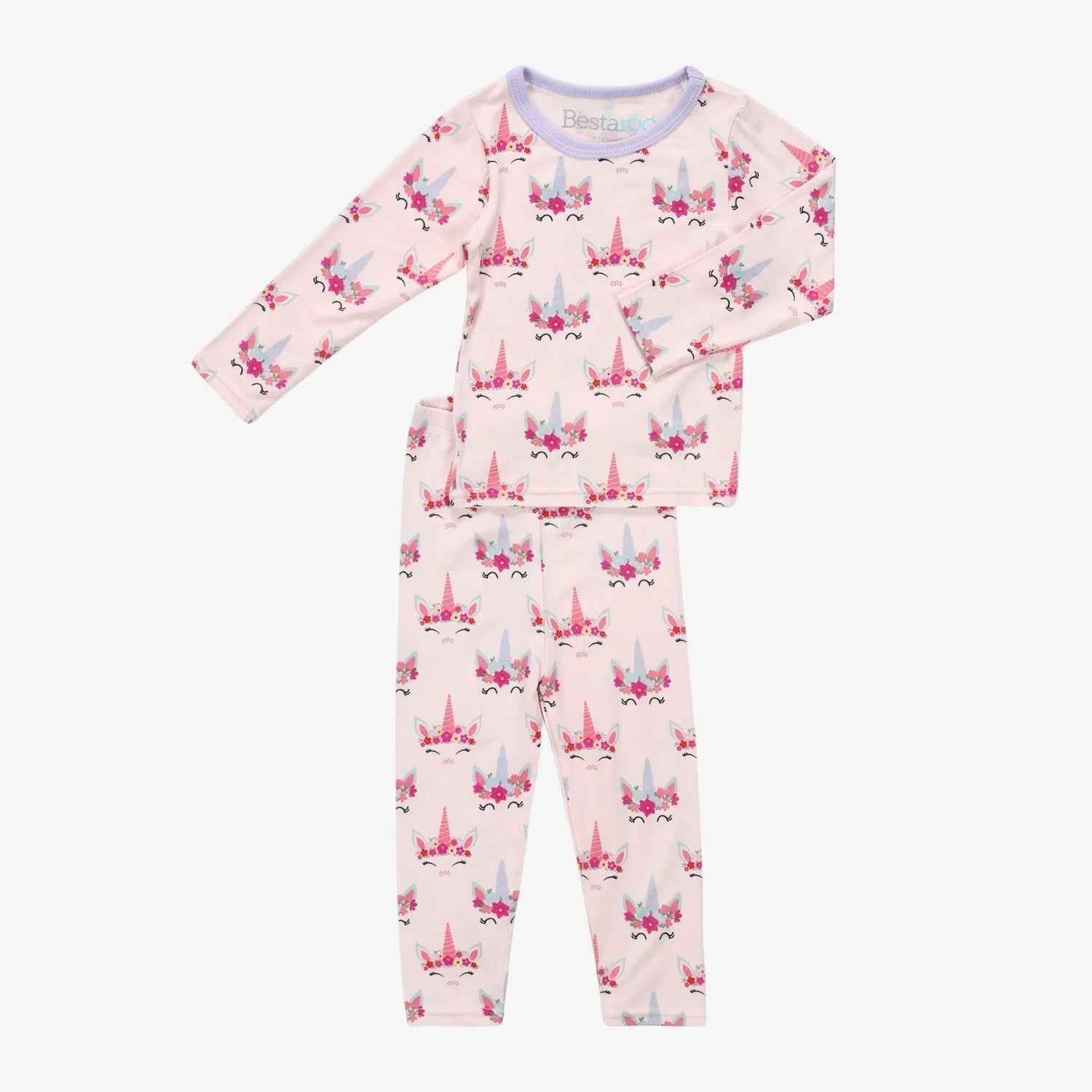 Pink unicorn print baby pajama set with long-sleeve top and matching pants