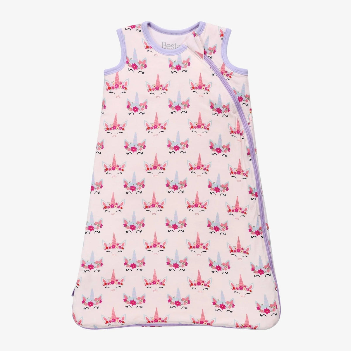 Sleeveless baby sleep bag in pink with a unicorn dream print and full-length zipper