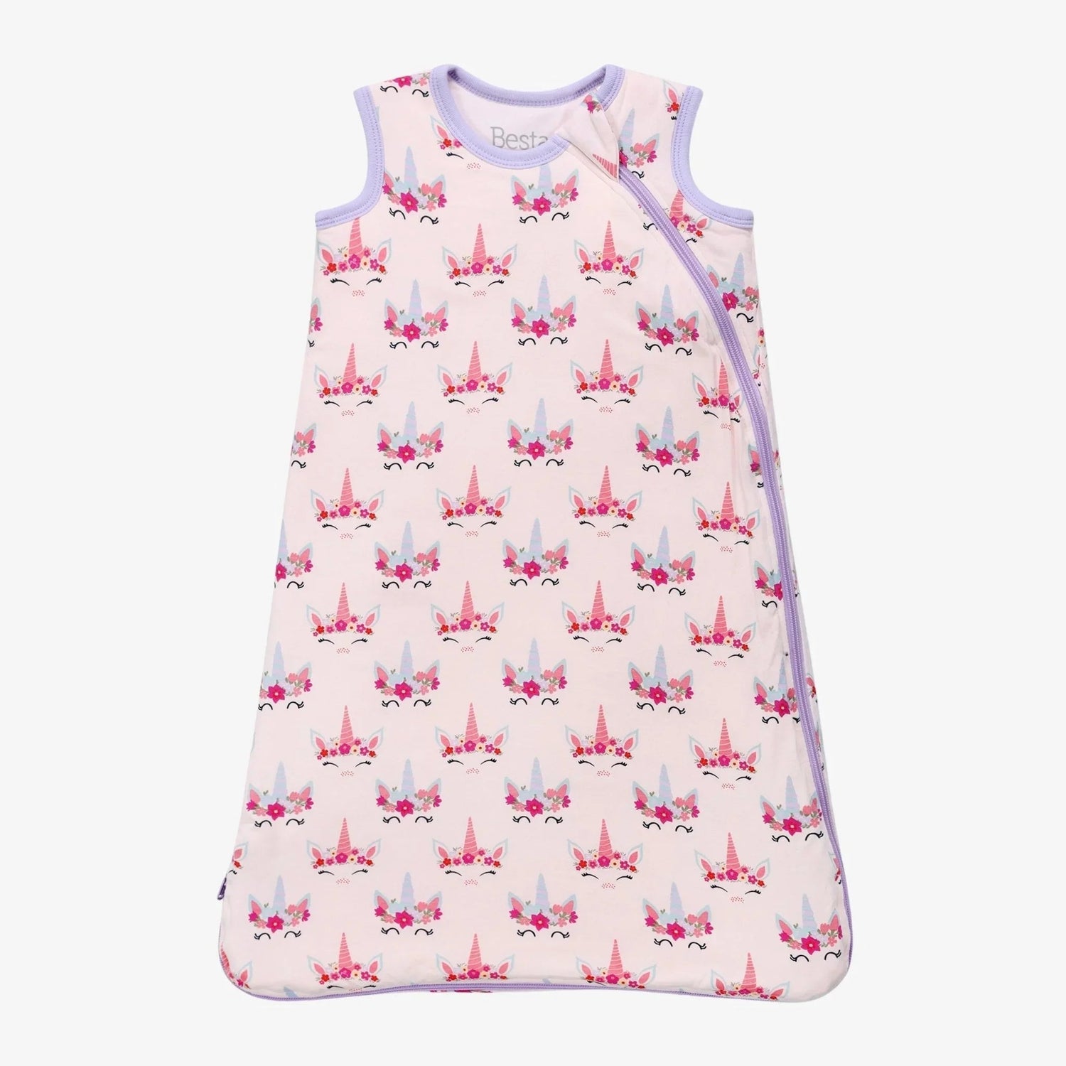 Sleeveless baby sleep bag in pink with a unicorn dream print and full-length zipper