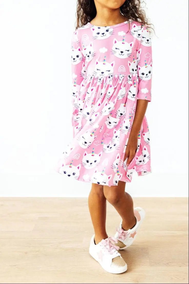 Mila & Rose ® Unicorn Kitties 3/4 Sleeve Pocket Twirl Dress - 