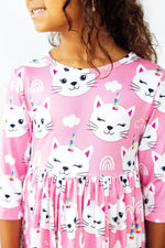 Mila & Rose ® Unicorn Kitties 3/4 Sleeve Pocket Twirl Dress - 