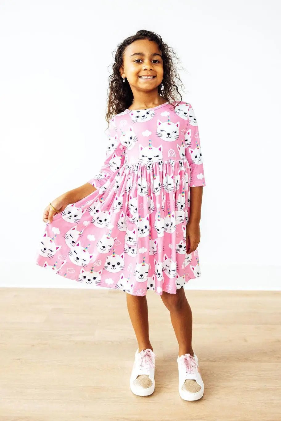 Mila & Rose ® Unicorn Kitties 3/4 Sleeve Pocket Twirl Dress - 
