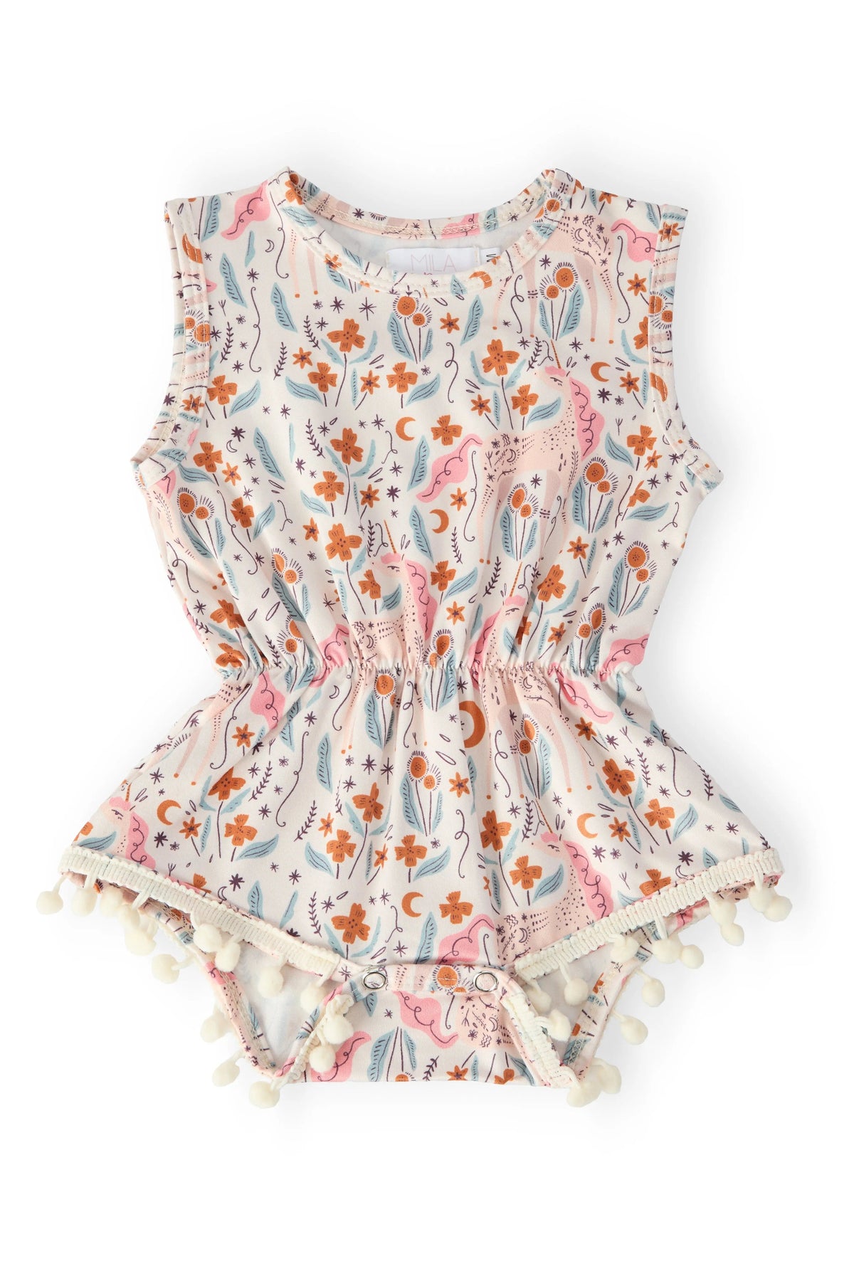 Unicorn Soiree Pom Pom Romper - Baby & Toddler Clothing, Textile, Pink, One-piece garment, Sleeveless shirt | Everetts Place