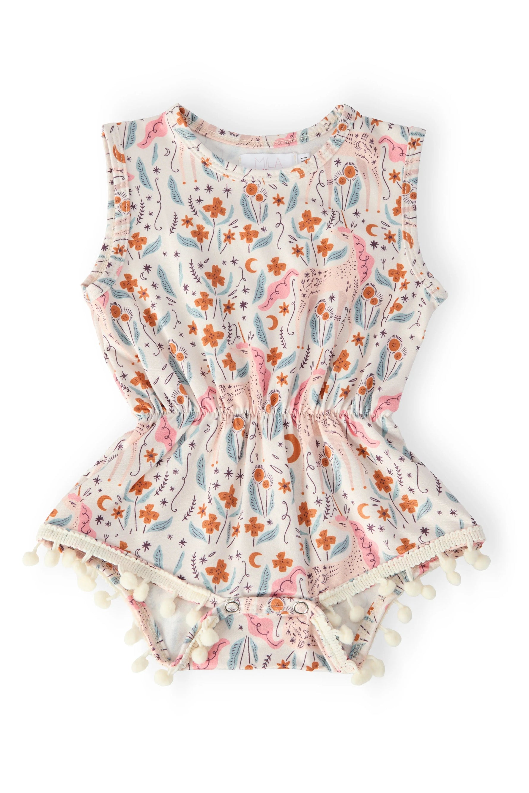 Unicorn Soiree Pom Pom Romper - Baby & Toddler Clothing, Textile, Pink, One-piece garment, Sleeveless shirt | Everetts Place