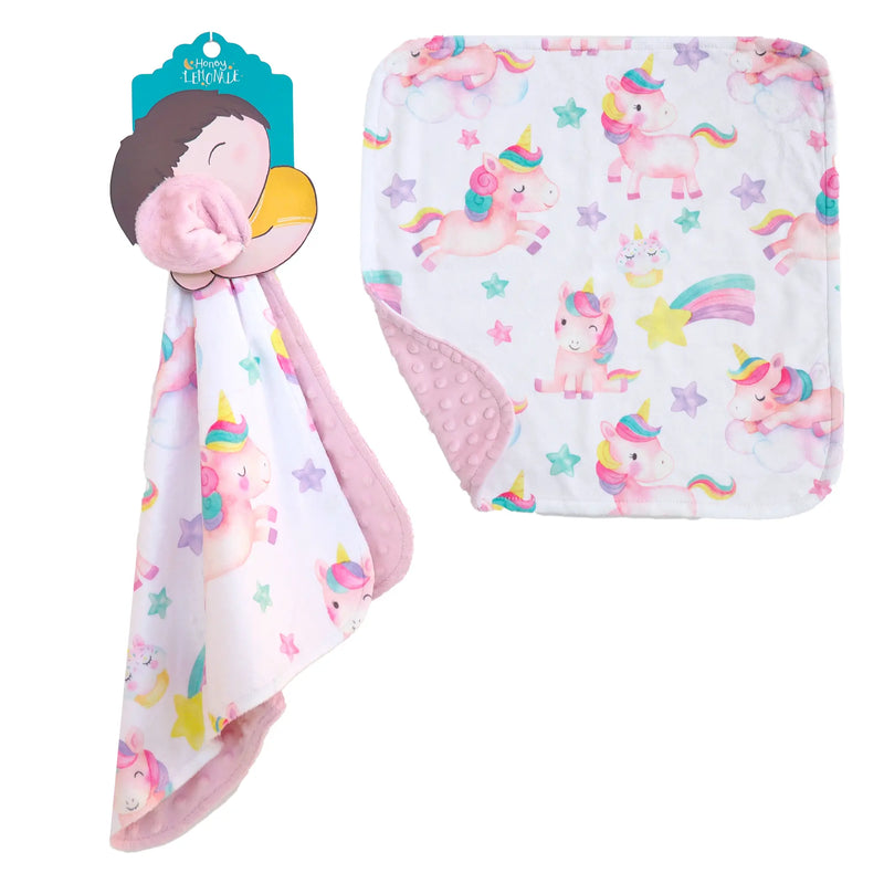 Mini Minky toddler blanket with unicorn design, soft pink Minky fabric, 18x18 inches, lightweight and travel-friendly.