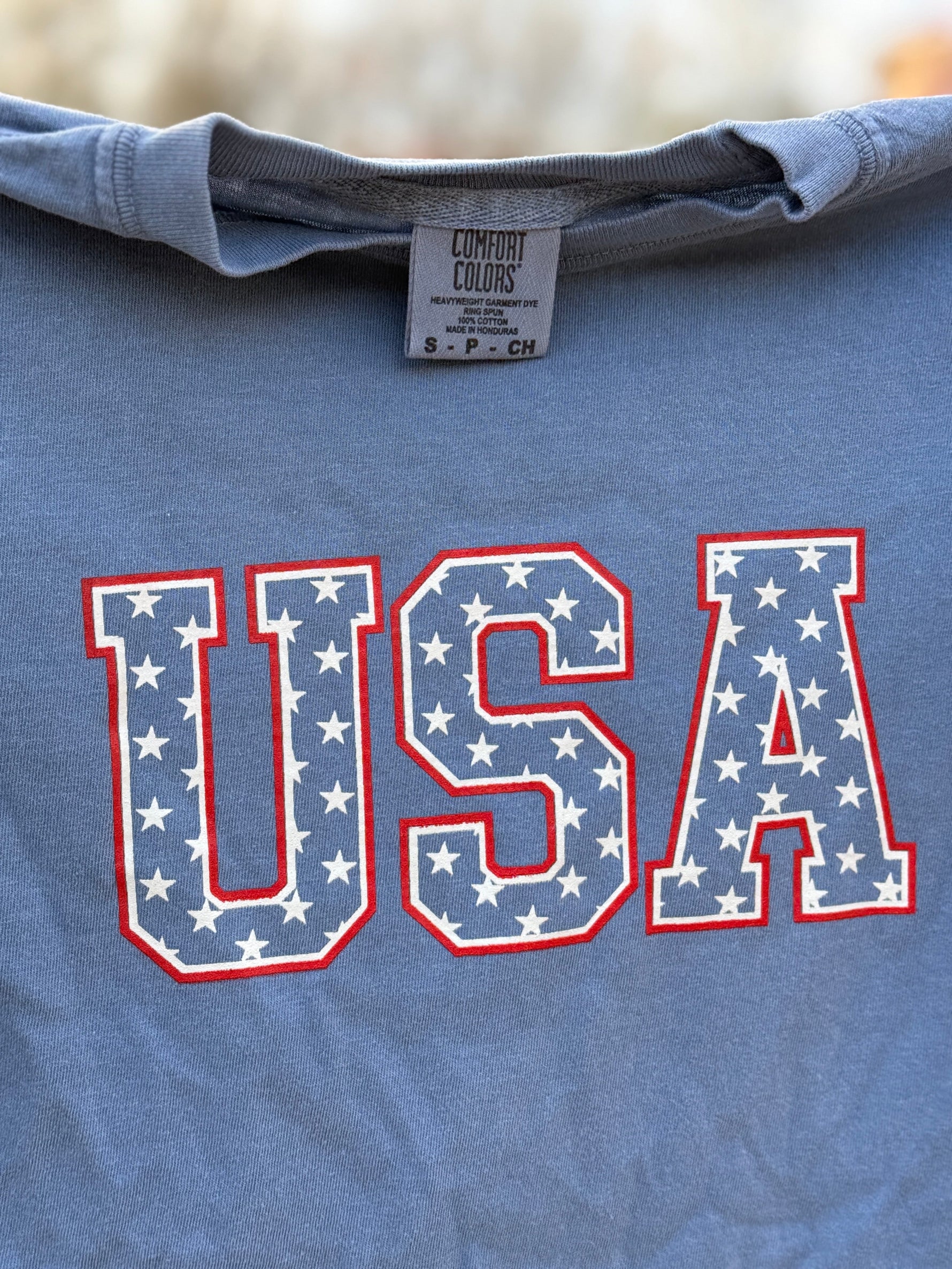 Little Joy Co. organic unisex baby t-shirt with a white background, featuring a blue USA stars design.