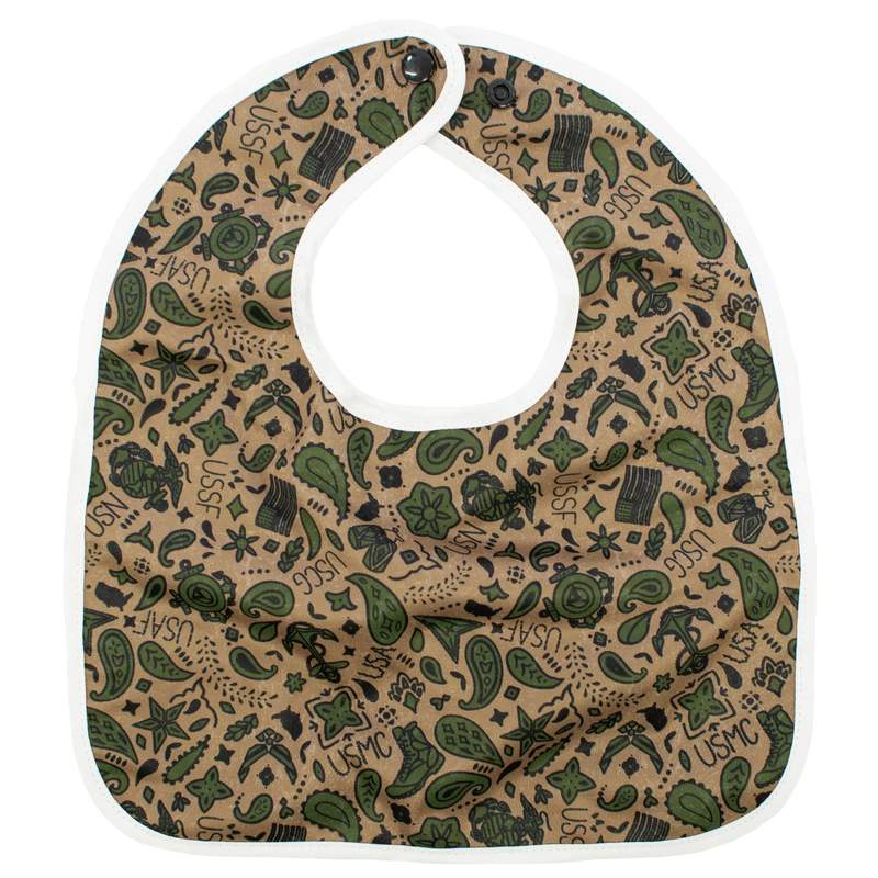 USA - The Flip Bib with food-catching pocket, machine washable, water-resistant PUL fabric.