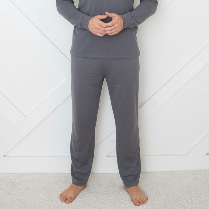 Men's slate gray lounge pants with elastic waistband, drawstring tie, and side pockets, shown flat.