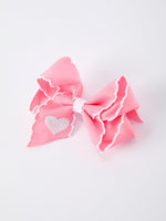 Rylee Faith Designs Valentine Cute Pink Bow Hair Clip with White Heart Embroidery for Girls - 