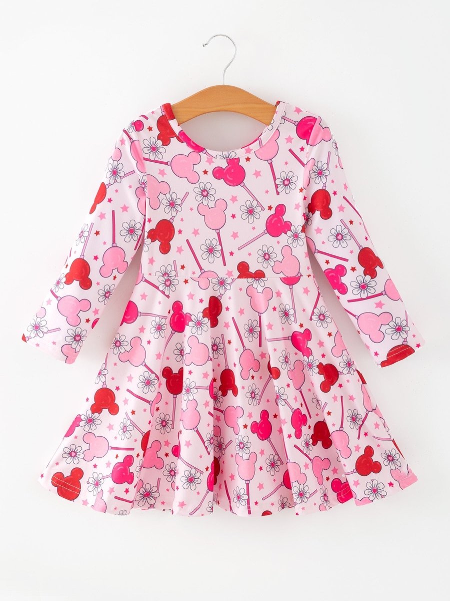 Rylee Faith Designs Valentine Dress for Girls – Pink Dress with Daisy & Lollipop Print - 