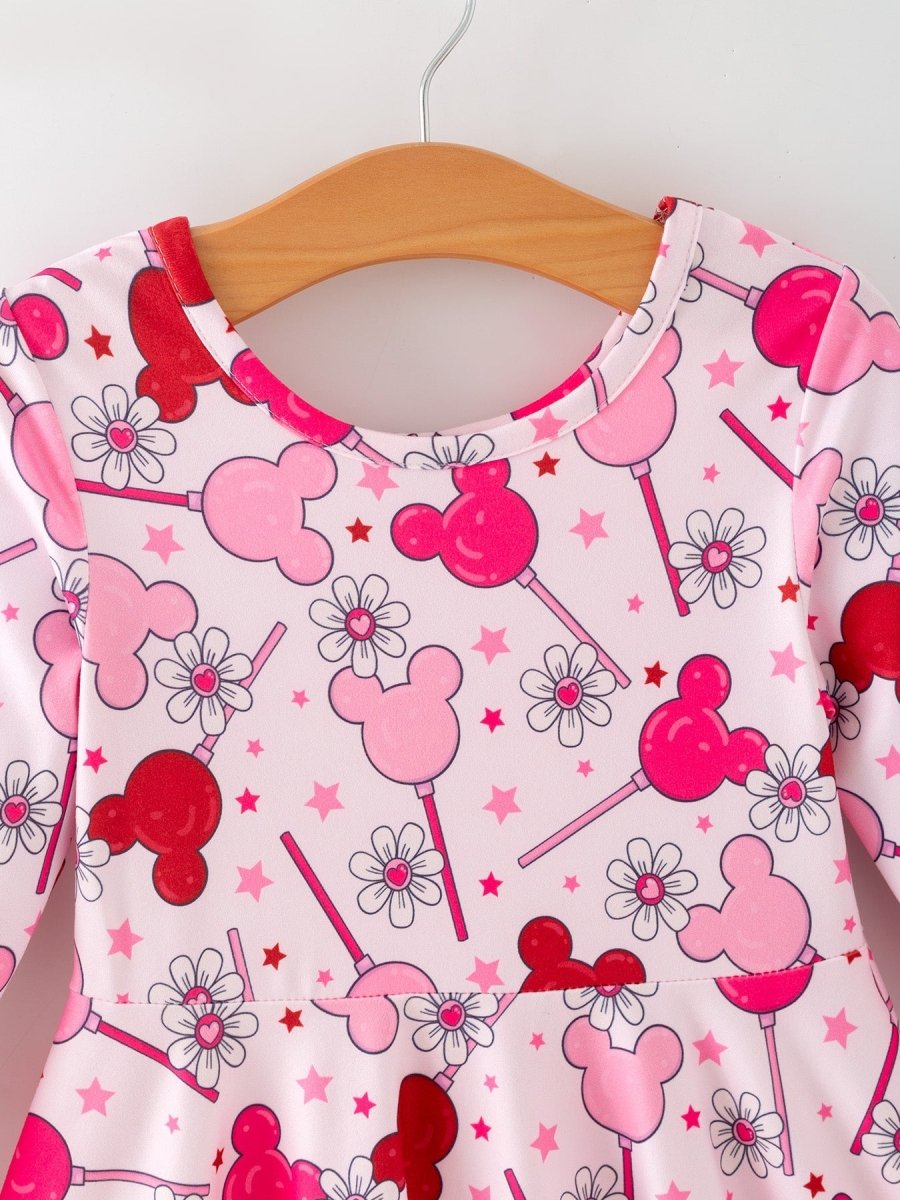 Rylee Faith Designs Valentine Dress for Girls – Pink Dress with Daisy & Lollipop Print - 
