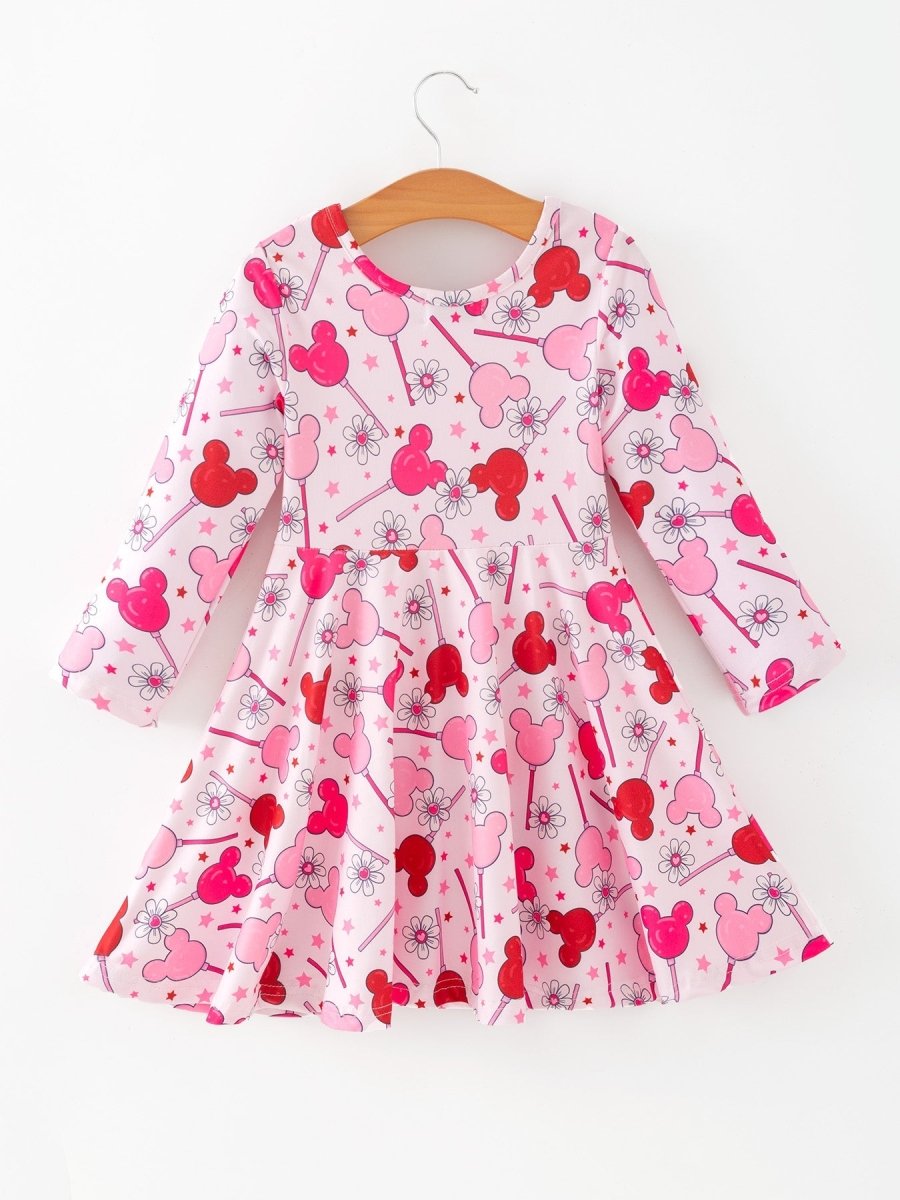Rylee Faith Designs Valentine Dress for Girls – Pink Dress with Daisy & Lollipop Print - 