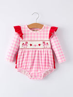 Rylee Faith Designs Valentine Pink Plaid Baby Girls Romper with Horse & Heart Smocking - 