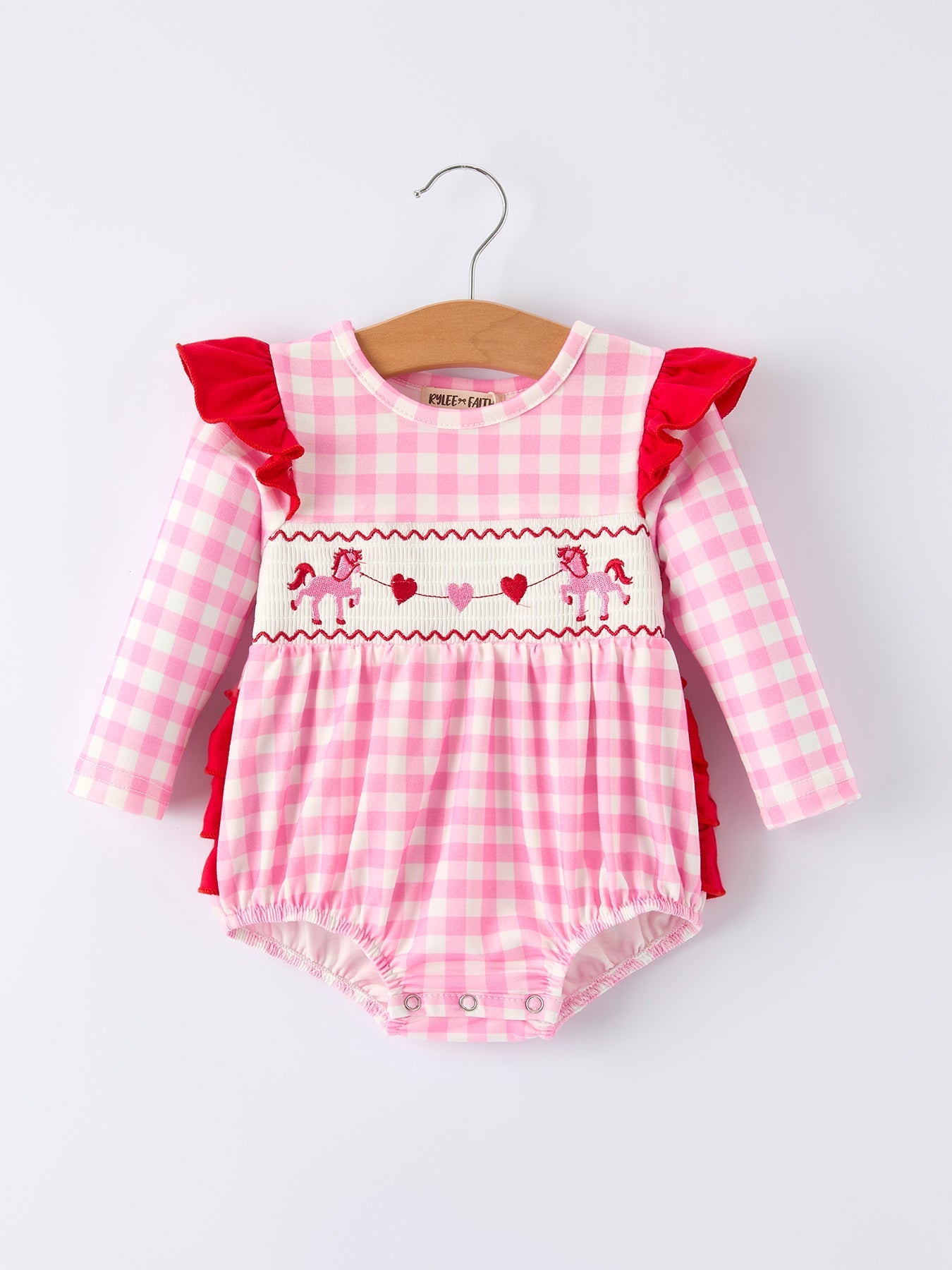 Rylee Faith Designs Valentine Pink Plaid Baby Girls Romper with Horse & Heart Smocking - 