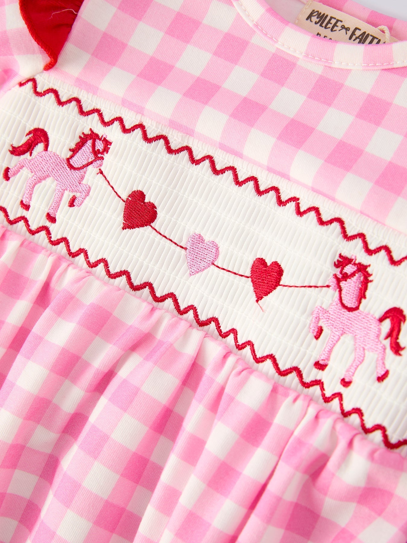 Rylee Faith Designs Valentine Pink Plaid Baby Girls Romper with Horse & Heart Smocking - 