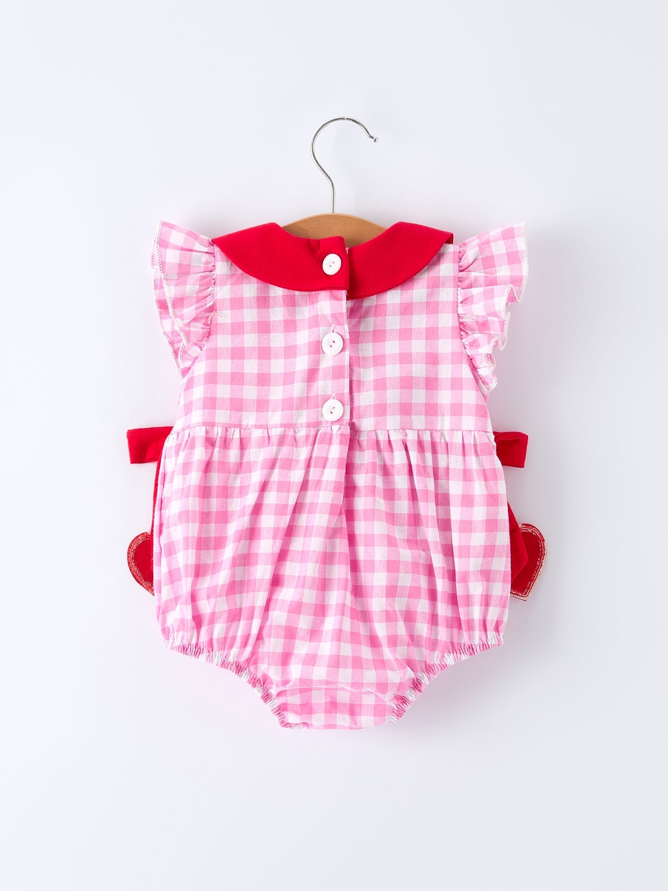 Rylee Faith Designs Valentine Pink Plaid Bubble Romper with Red Hearts and Bows - 