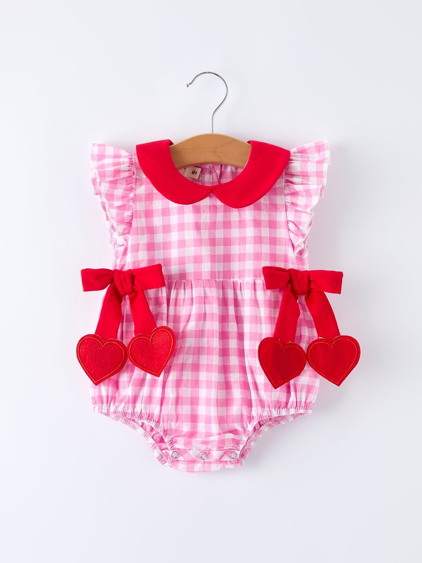 Rylee Faith Designs Valentine Pink Plaid Bubble Romper with Red Hearts and Bows - 