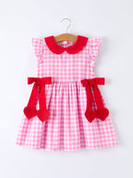 Rylee Faith Designs Valentine Pink Plaid Girls Dress with Red Hearts and Bows - 