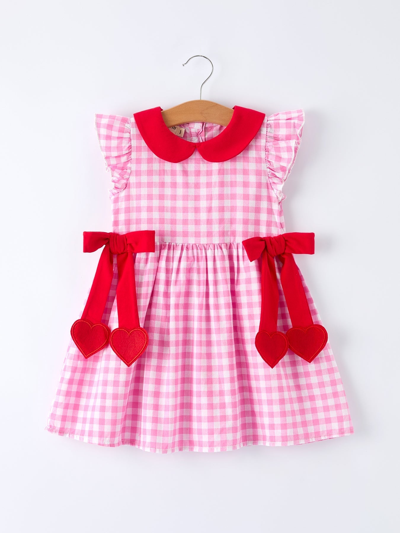Rylee Faith Designs Valentine Pink Plaid Girls Dress with Red Hearts and Bows - 